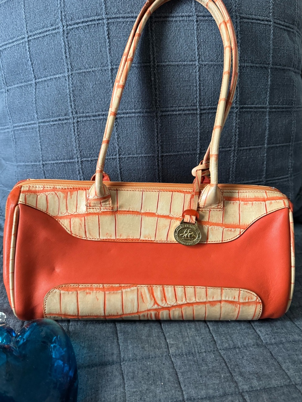 Brahmin Orange and Cream Croc-Accent Shoulder Bag